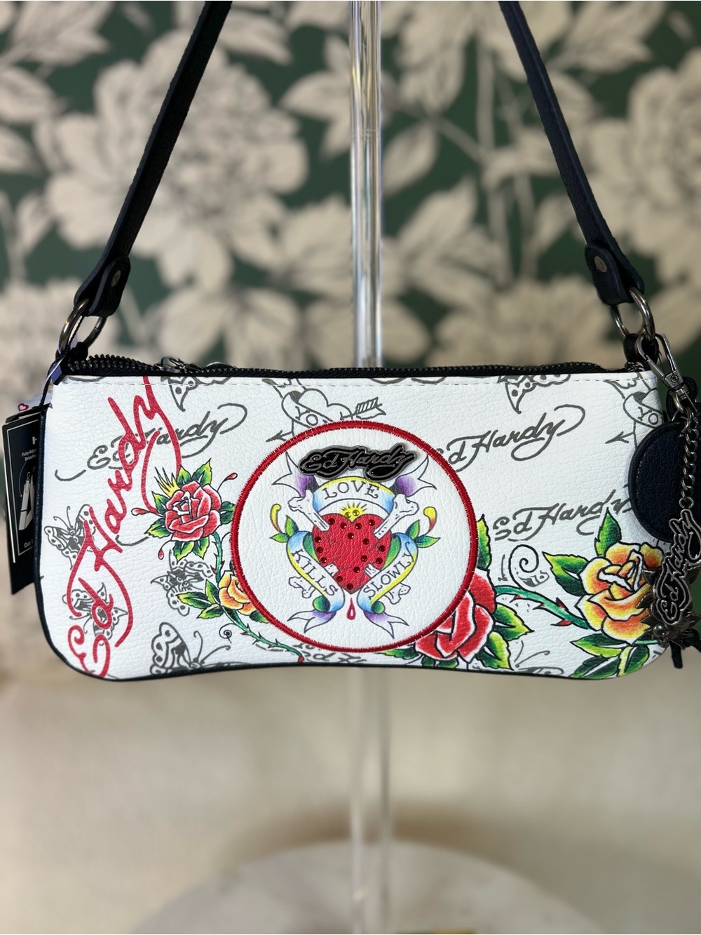 Ed Hardy White Floral Tattoo-Print Shoulder Bag with Red Heart Motif NWT